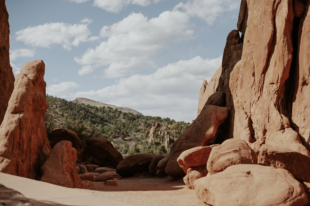 Red sandstone formations of Three Graces Plaza in Garden of the Gods.